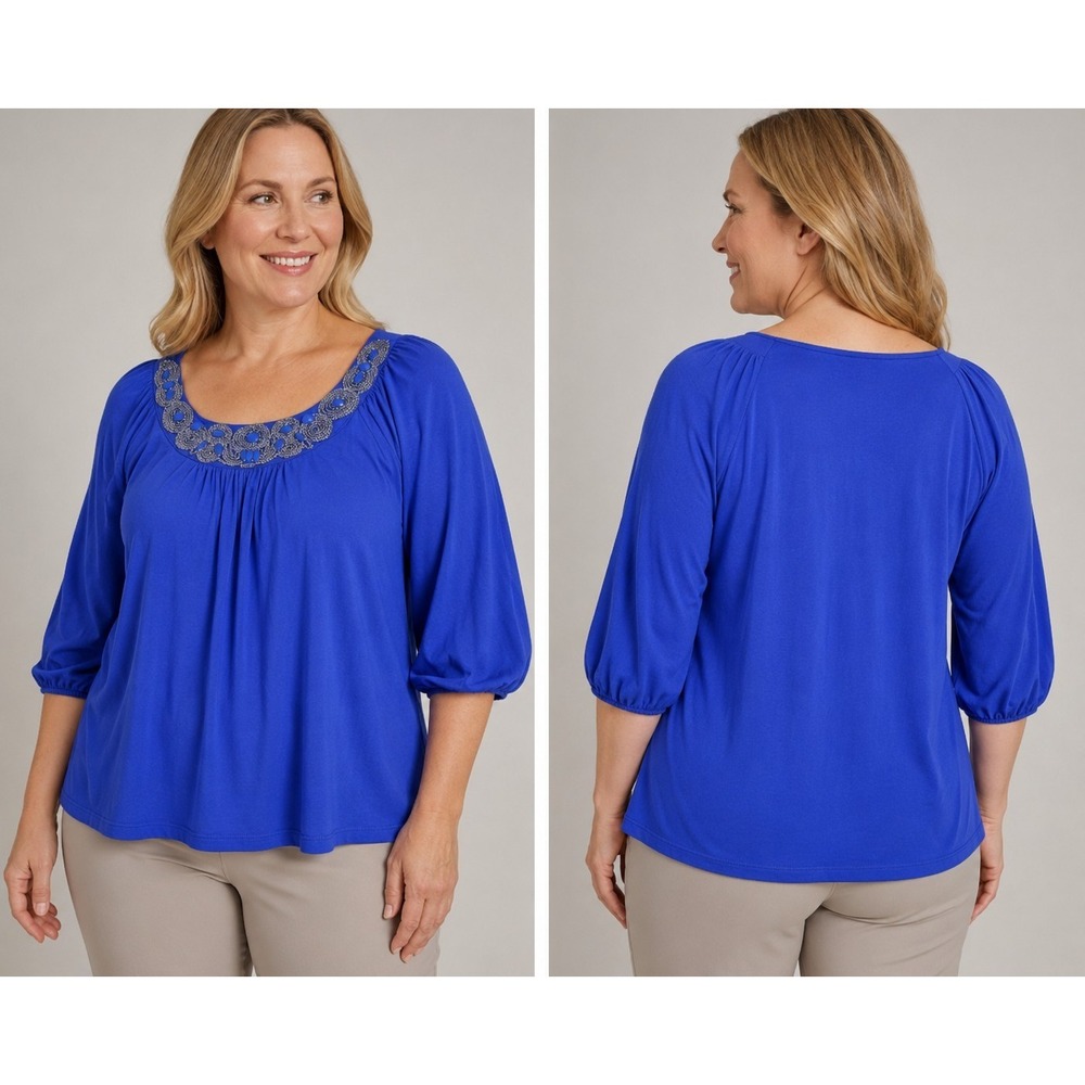 Madison 3X Royal Blue Embellished Scoop Neck Blouse Plus Size 3/4 Sleeve Top